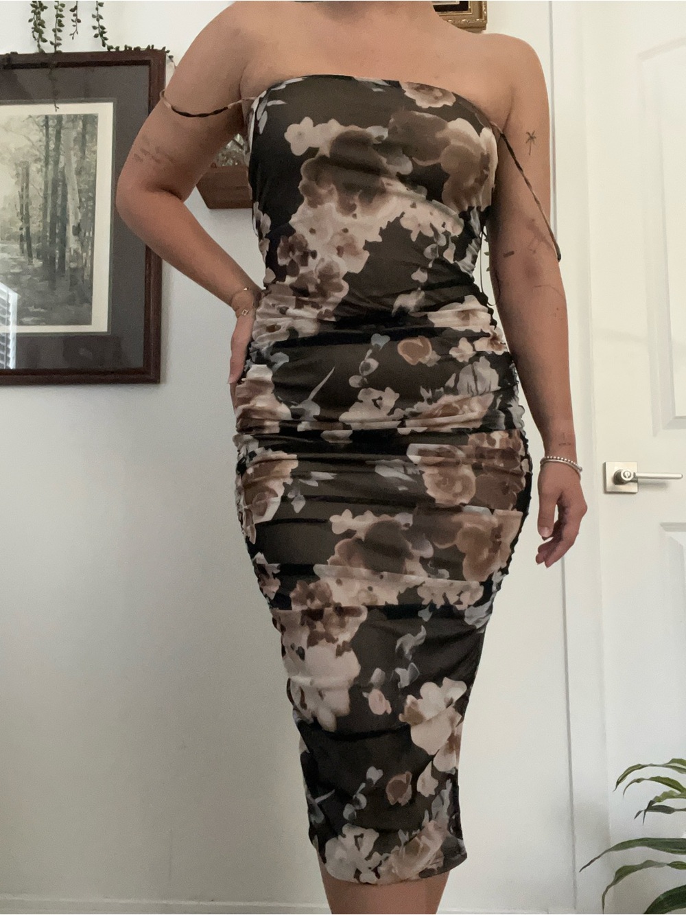 Lovely Day Strapless Floral Midi Dress in Black and Brown